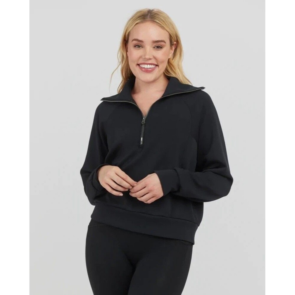 Spanx AirEssentials Half Zip Long Sleeve Sz M Black Crop Mock Neck Athleisure